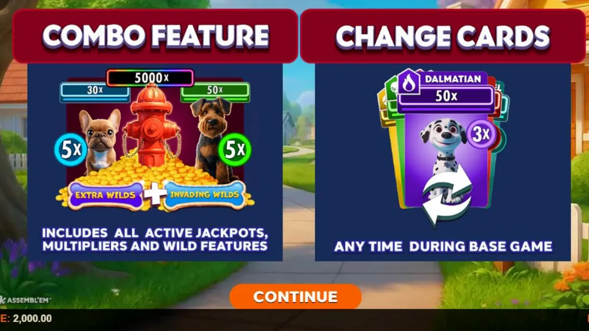 Tampilan visual slot Paw Pack Assembl’Em dengan karakter anjing yang ceria