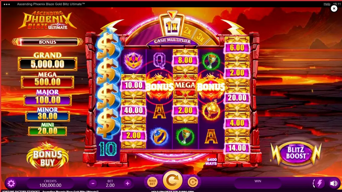 Tampilan visual slot Ascending Phoenix Blaze Gold Blitz Ultimate dengan tema api dan emas